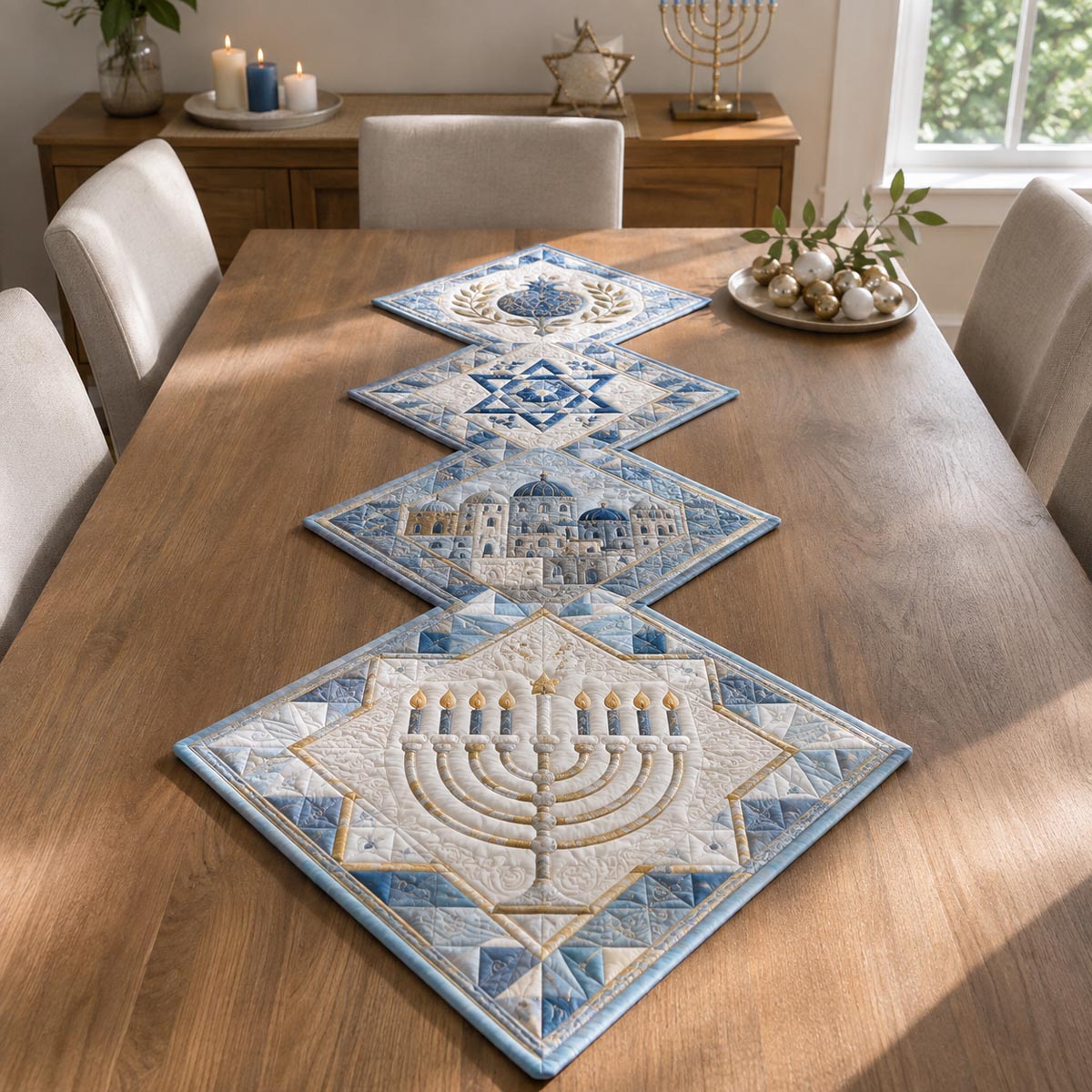 Winter Hanukkah Glow Custom Shape Quilted Table Runner SN0DV383