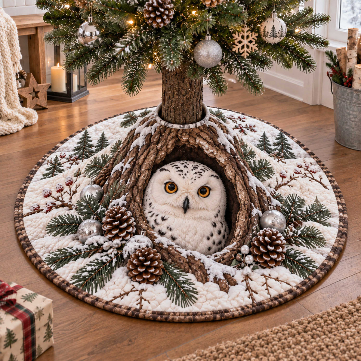 Winter Owl Christmas Quilted Tree Skirt SN0TD642