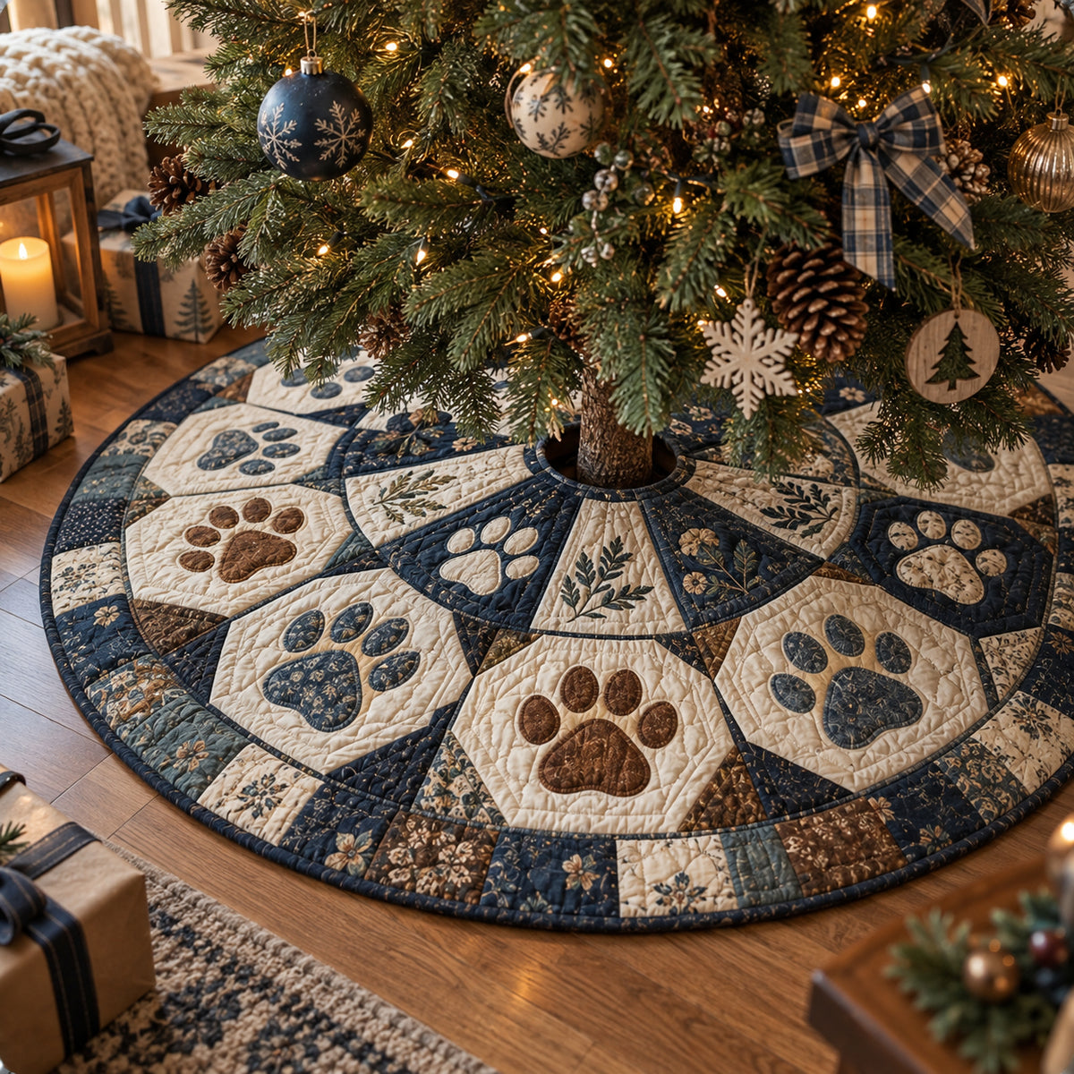 Winter Paw Circle Christmas Quilted Tree Skirt SN0DV673
