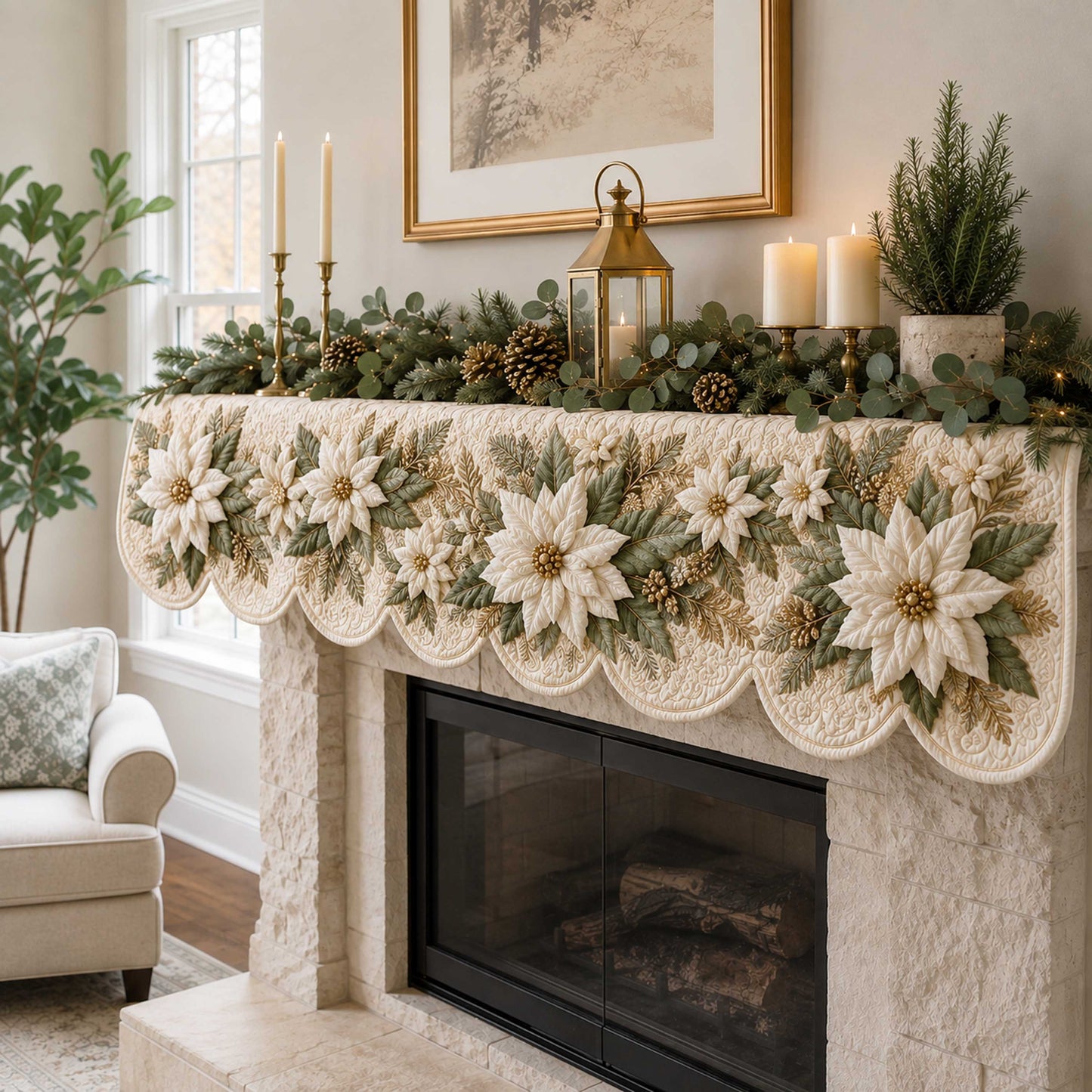 Winter Poinsettia Quilted Mantel Scarf SN0TD257