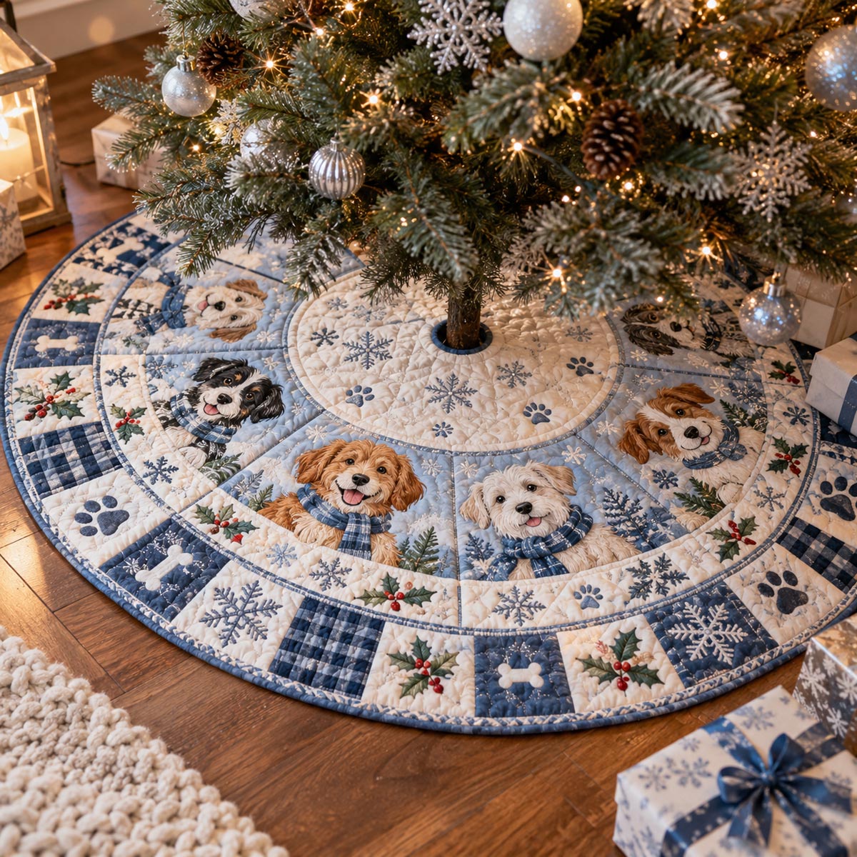 Winter Puppy Circle Christmas Quilted Tree Skirt SN0DV1174