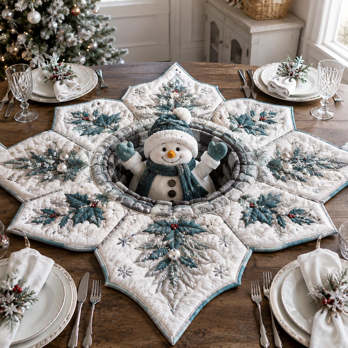 Winter Snowman Star Custom Shape Quilted Table Topper SN0DV342