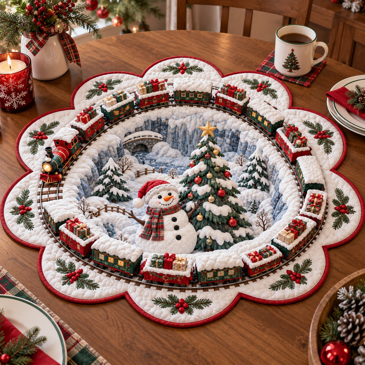 Winter Snowman Village Custom Shape Quilted Table Topper SN0TV470