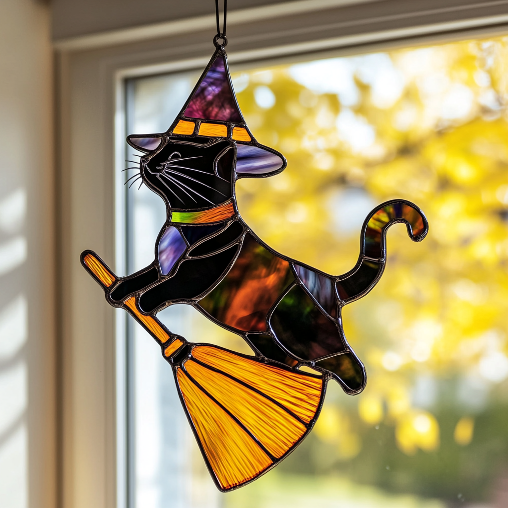 Witch Cat Flying - Window Hanging Suncatcher NCU0PD031