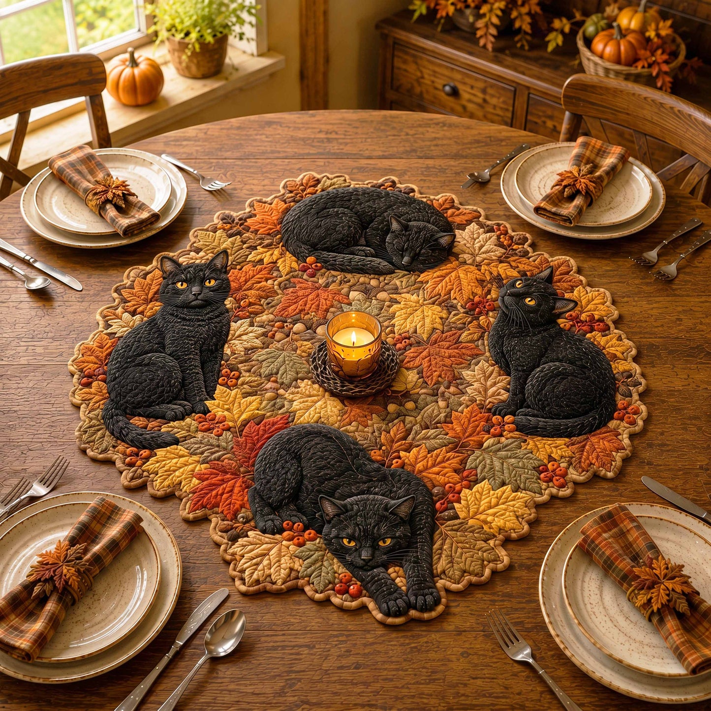Woodland Cat Custom Shape Quilted Table Topper SN0TD095