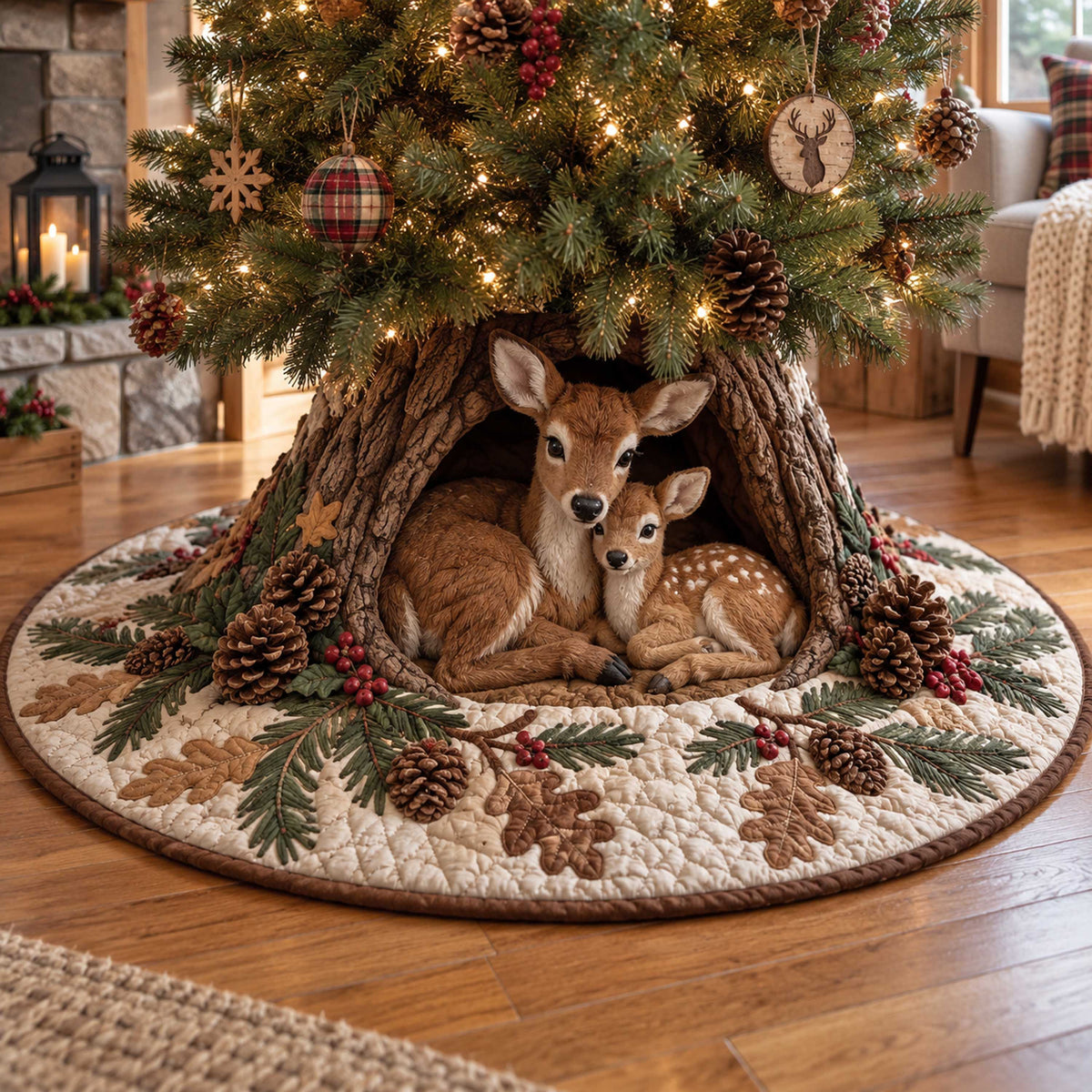 Woodland Deer Christmas Quilted Tree Skirt SN0TD629