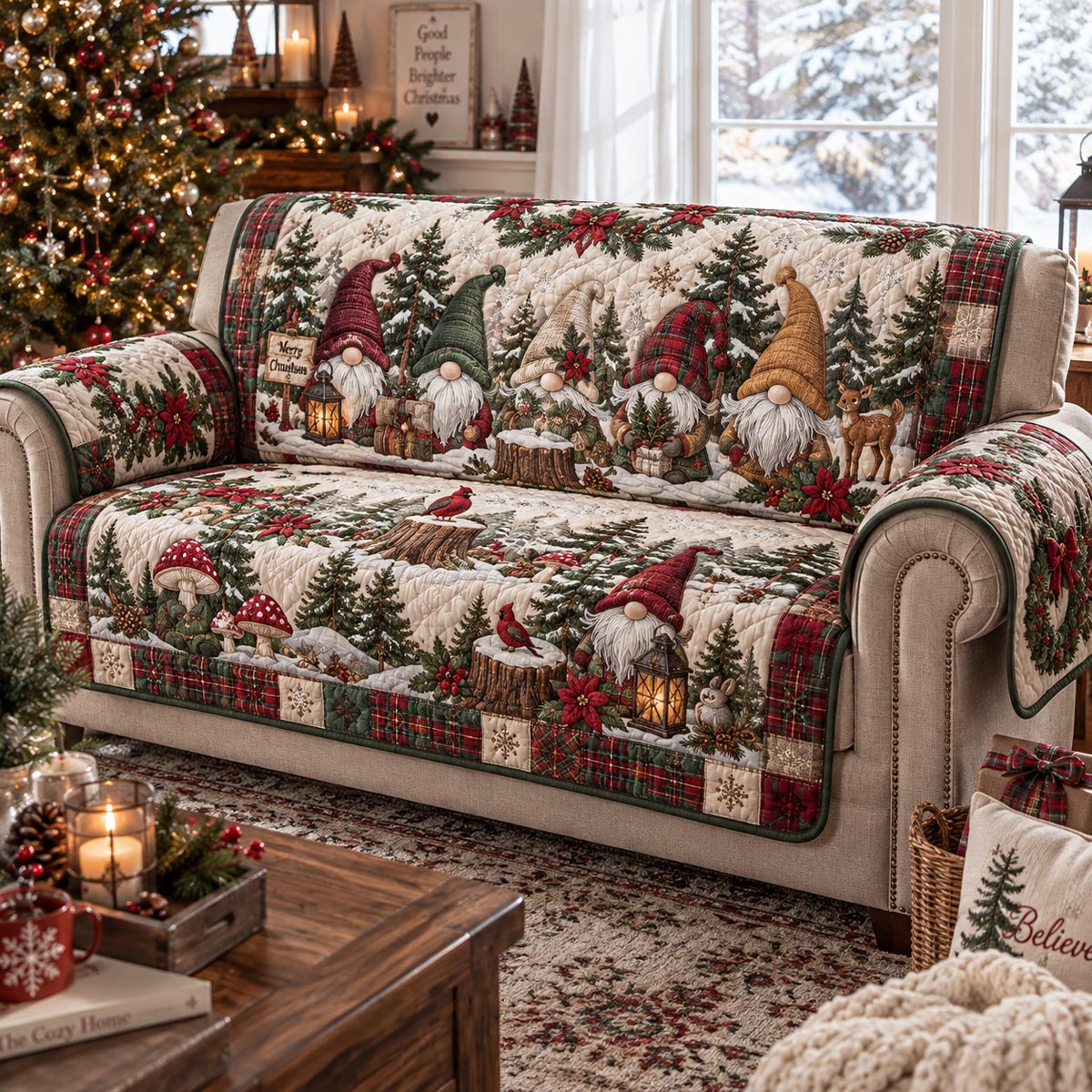 Woodland Gnome Christmas Quilted Sofa Cover SN0DV645