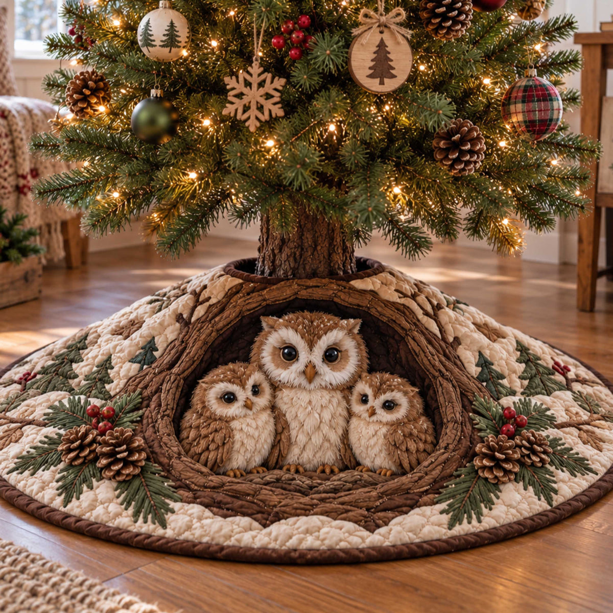 Woodland Owl Christmas Quilted Tree Skirt SN0TD643