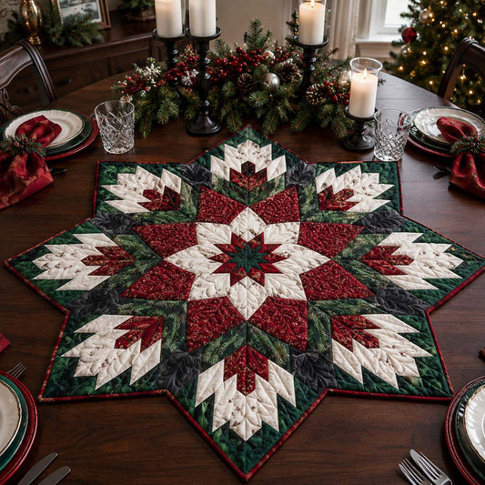 Woodland Poinsettia Snowflake Custom Shape Quilted Table Topper SN0HH0299