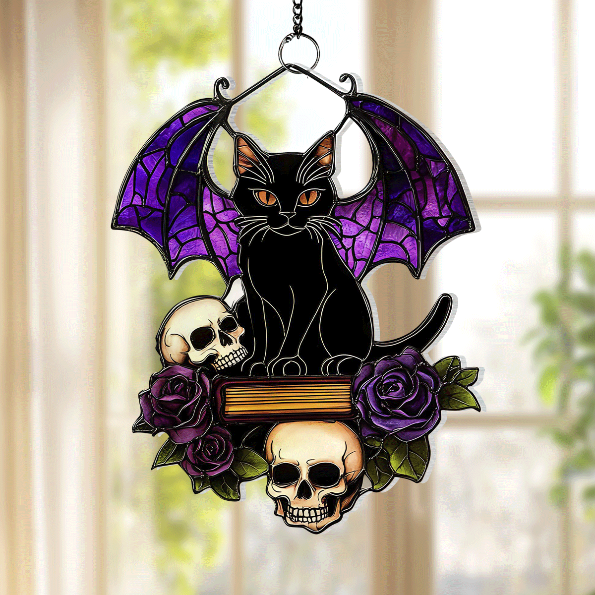 Gothic Cat On Skull - Window Hanging Suncatcher NCU0PD029